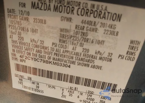 2011 Mazda Tribute I Grand Touring/I Sport/I Touring from USA, damaged, VIN 04F2CY0C79BKM0330